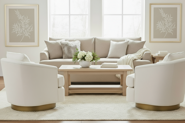 Misty Fabric Swivel Chair With Aged Brass Metal Base