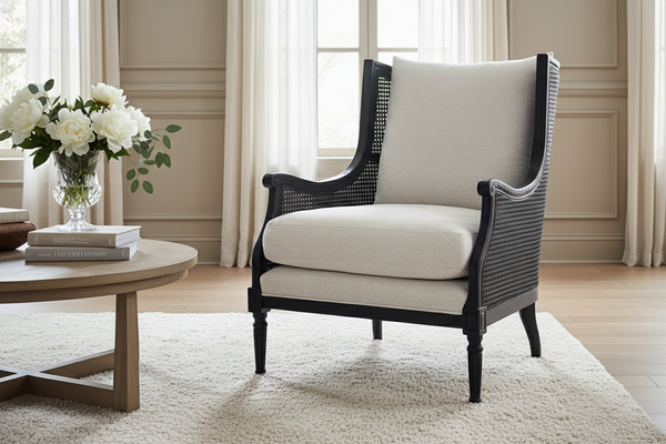 Newberry Black "Quick Ship" Fabric Accent Chair With Decorative Cane / Wood Base