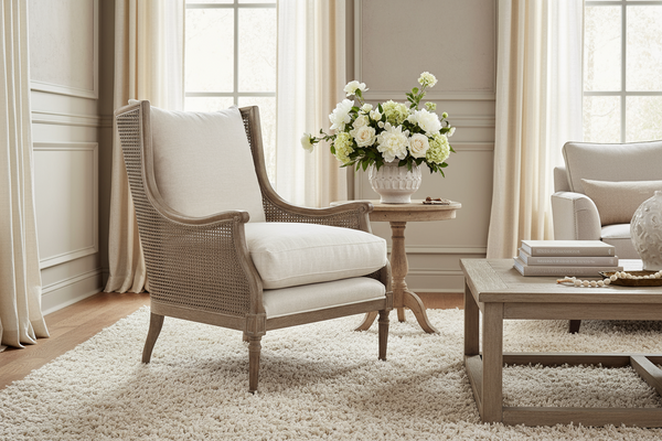 Newberry Natural "Quick Ship" Fabric Accent Chair With Decorative Cane / Wood Base