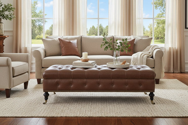 Belport 67 Inch Long Deep Button Tufted Leather Coffee Table Bench