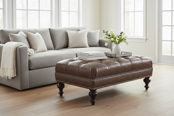 Penn 42 Inch Rectangular Button Tufted Ottoman With Turned Legs