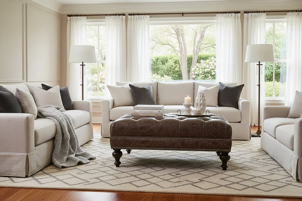 Penn 42 Inch Rectangular Button Tufted Ottoman With Turned Legs