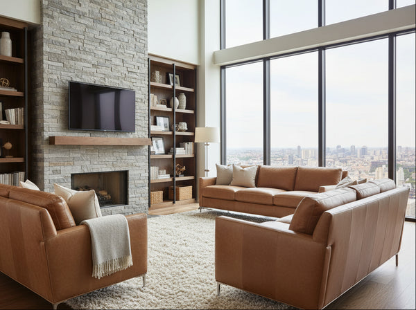 Quincy Cognac 86 Inch Modern Top Grain Leather Pillow Back Sofa