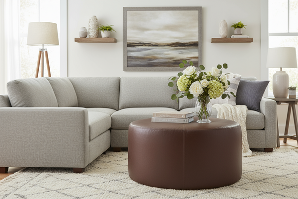 Richter 35 Inch Round Drum Leather Upholstered Cocktail Ottoman