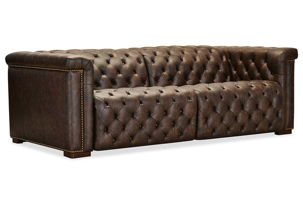 Savion Saddlewood Chesterfield 89 Inch "Quick Ship" Wall Hugger Power Leather Reclining Sofa
