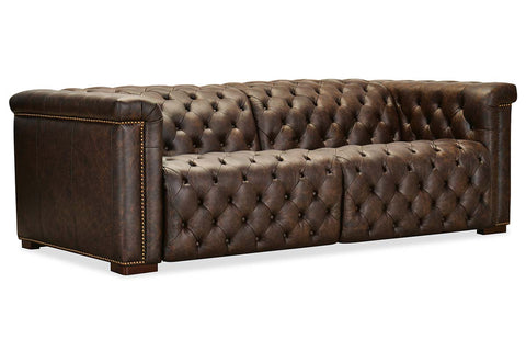 Savion Saddlewood Chesterfield 89 Inch "Quick Ship" Wall Hugger Power Leather Reclining Sofa