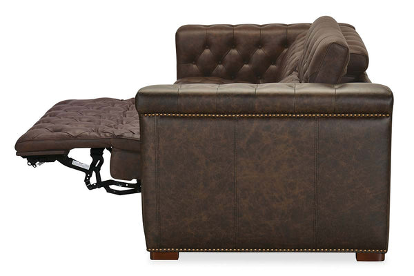 Savion Saddlewood Chesterfield 89 Inch "Quick Ship" Wall Hugger Power Leather Reclining Sofa