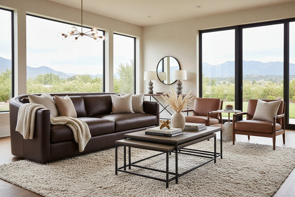 Savona 96 Inch Transitional Barrel Back Leather Track Arm Sofa
