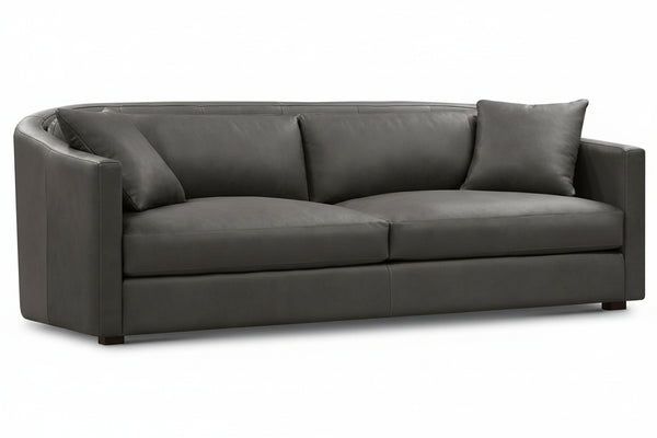 Savona 96 Inch Transitional Barrel Back Leather Track Arm Sofa