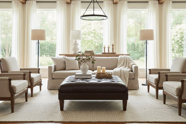 Seville 42 Inch Square Button Tufted Ottoman With Tapered Legs