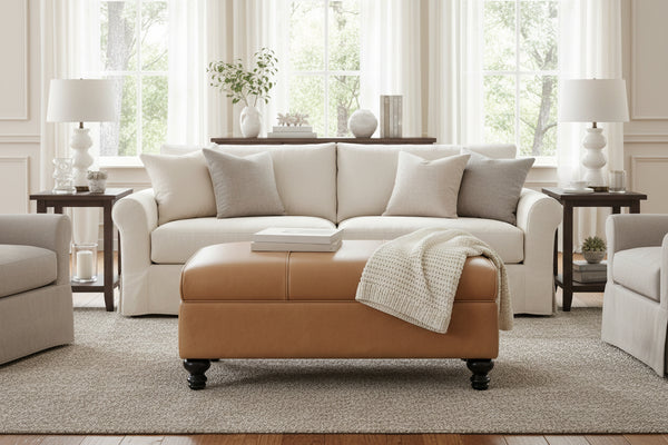 Sinclair 44 Inch Long Leather Upholstered Coffee Table Ottoman With STORAGE Area