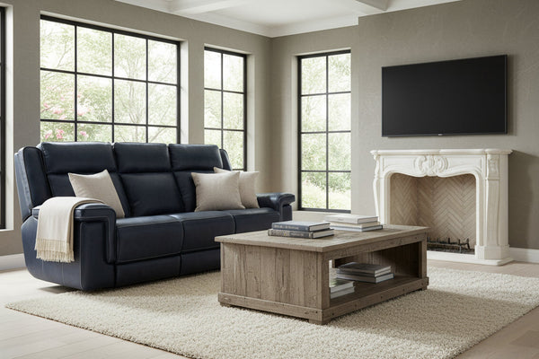 Spencer Cobalt 87 Inch "Quick Ship" ZERO GRAVITY Wall Hugger Power Leather Reclining Sofa