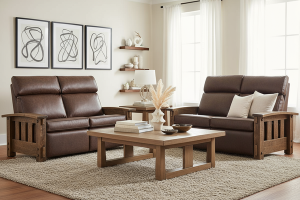 Stockton "Wall Hugger" Roughsawn Mission Style Leather Reclining Loveseat