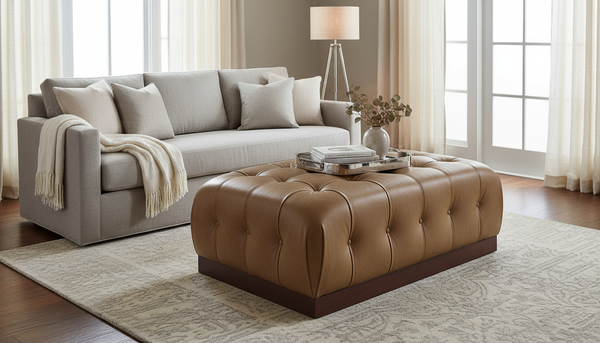 Taylor 54 Inch Long Leather Tufted Coffee Table Ottoman