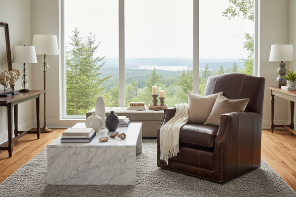Toby Leather Tight Camelback SWIVEL Accent Chair With Nail Trim