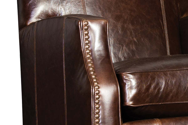Toby Leather Tight Camelback SWIVEL Accent Chair With Nail Trim
