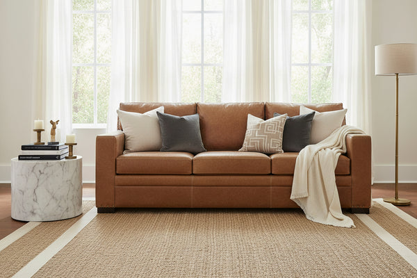 Wellington 92 Inch Large Square Arm Leather Pillow Back Couch With Nails