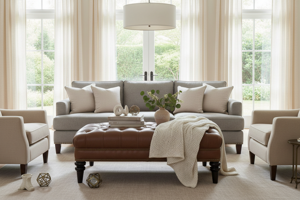 Worthington 44 Inch Rectangular Deep Button Tufted Leather Upholstered Ottoman Coffee Table