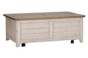 Aberdeen Distressed Antique White Cedar Lined Storage Coffee Table With Chestnut Top
