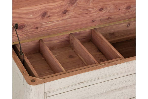 Aberdeen Distressed Antique White Cedar Lined Storage Coffee Table With Chestnut Top - Club Furniture