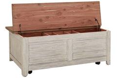 Aberdeen Distressed Antique White Cedar Lined Storage Coffee Table With Chestnut Top