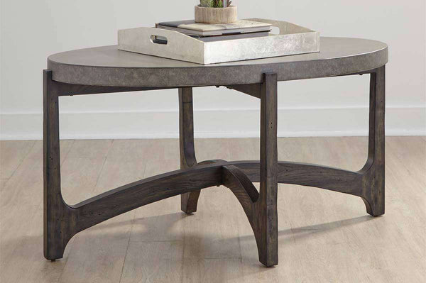Anslow Oval Contemporary Coffee Table With Dark Wood Base And Concrete Composite Top