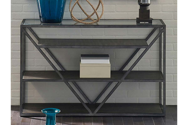 Archer Rectangular Metal Base Sofa Table With Glass Top And Wood Shelves