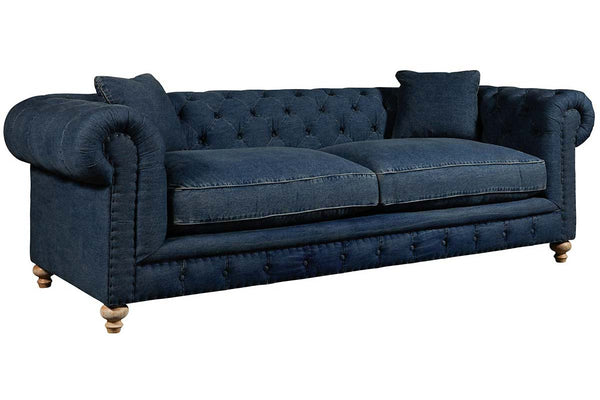 Armstrong 96 Inch Chesterfield "Quick Ship" Sofa In Blue Denim-Out of Stock Until 5/30/2024