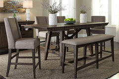 Atherton 6 Piece Counter Height Dark Chestnut Trestle Table Dining Set With Upholstered Side Chairs And Bench