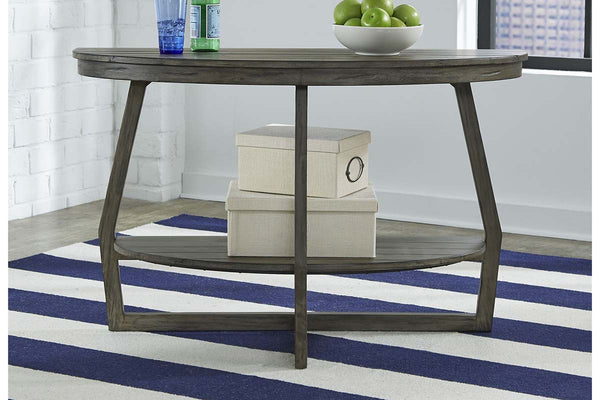 Barnes Transitional Round Sofa Table With Gray Wash Finish And Plank Style Top