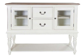 Beaufort Farmhouse Style White With Nutmeg Top Glass Door Storage Buffet