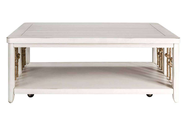 Bridgeport White Nautical Beach Theme Rectangular Coffee Table With Rope Accents