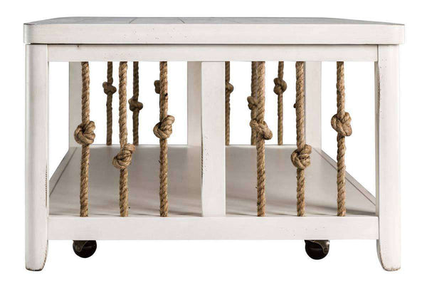 Bridgeport White Nautical Beach Theme Rectangular Coffee Table With Rope Accents