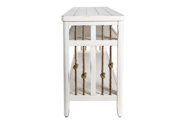 Bridgeport White Nautical Beach Theme Sofa Table With Two Shelves And Rope Accents