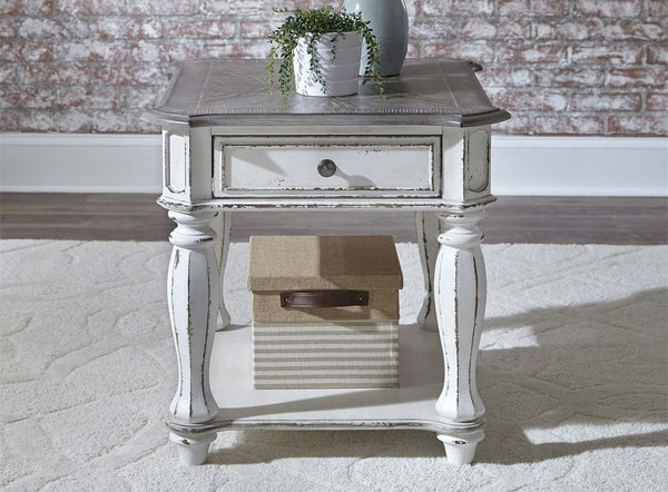 Canterbury Antique White End Table With Single Drawer And Shelf