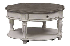 Canterbury Round Antique White Cocktail Table With Single Drawer And Shelf
