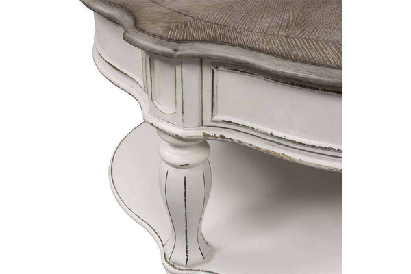 Canterbury Round Antique White Cocktail Table With Single Drawer And Shelf