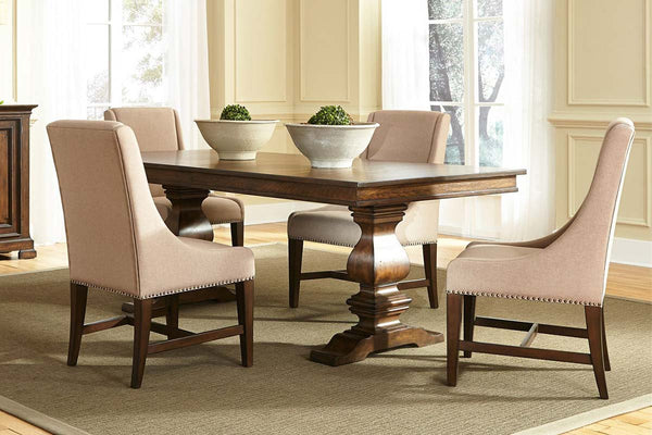 Chauncey Traditional Antique Brownstone 5 Piece Rectangular Trestle Table Set With Classic Linen Side Chairs