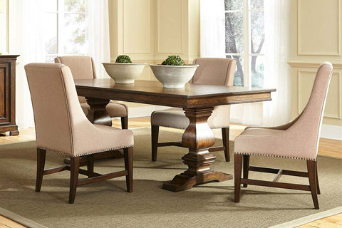 Chauncey Traditional Antique Brownstone 5 Piece Rectangular Trestle Table Set With Classic Linen Side Chairs