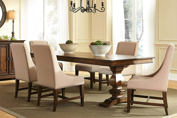 Chauncey Traditional Antique Brownstone 7 Piece Rectangular Trestle Table Set With Classic Linen Side Chairs