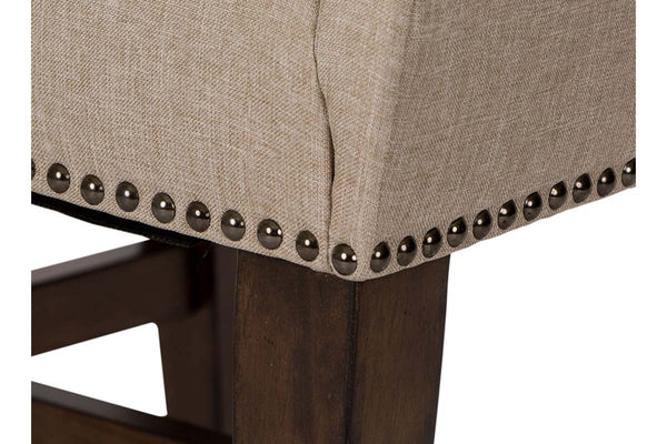 Chauncey Traditional Antique Brownstone 7 Piece Rectangular Trestle Table Set With Classic Linen Side Chairs