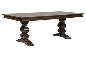 Chauncey Traditional Antique Brownstone 7 Piece Rectangular Trestle Table Set With Classic Linen Side Chairs
