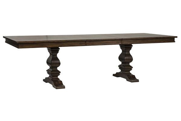Chauncey Traditional Antique Brownstone 5 Piece Rectangular Trestle Table Set With Classic Linen Side Chairs