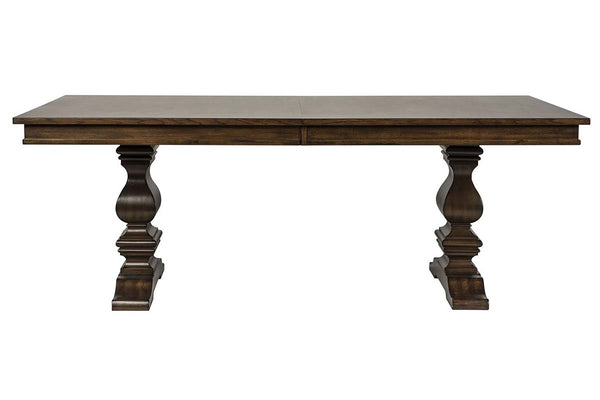 Chauncey Traditional Antique Brownstone 5 Piece Rectangular Trestle Table Set With Classic Linen Side Chairs