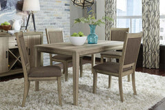 Cyrus 5 Piece Rectangular Leg Table Dining Set In Sandstone Finish With Upholstered Back Side Chairs