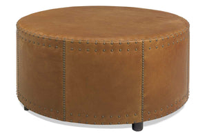 Garrett 39 Inch Round Leather Drum Ottoman With Nails