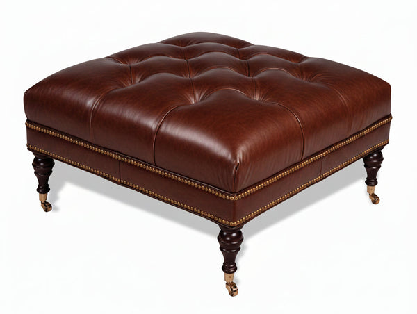 Garth 32 Inch Square Deep Button Tufted Ottoman With Nailhead Trim