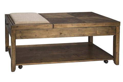Grant Nutmeg Finish Lift Top Cocktail Table With Flip Top Upholstered Seat And Drink Shelf