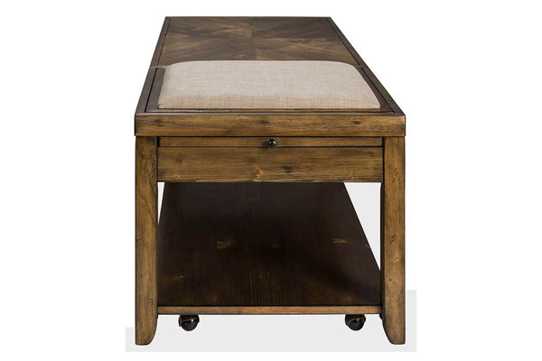 Grant Nutmeg Finish Lift Top Cocktail Table With Flip Top Upholstered Seat And Drink Shelf