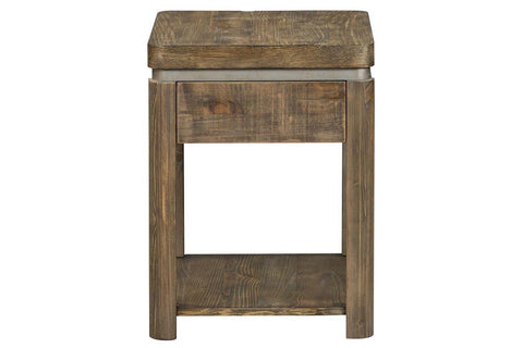Greer Chair Side Table With Reclaimed Dark Pine Base And Top With Metallic Accents